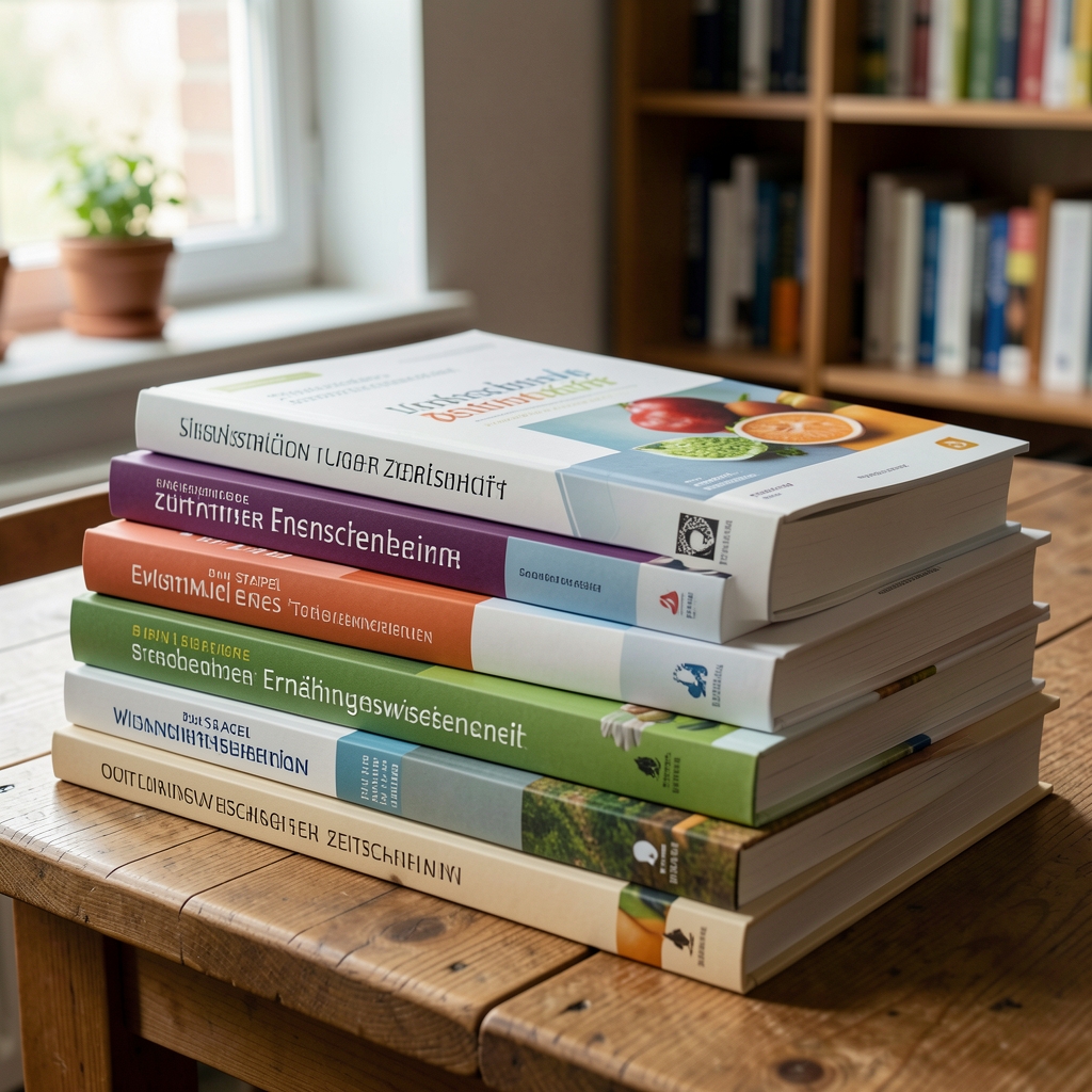Stapel wissenschaftlicher Zeitschriften und Bücher zu Ernährungswissenschaft auf einem Holztisch, Studienatmosphäre