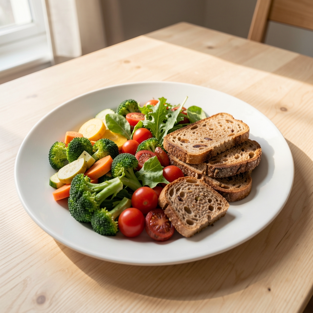 Frische, sorgfältig angerichtete Mahlzeit mit Gemüse, Vollkornprodukten und natürlichen Zutaten auf einem hellen Holztisch, Tageslicht von der Seite
