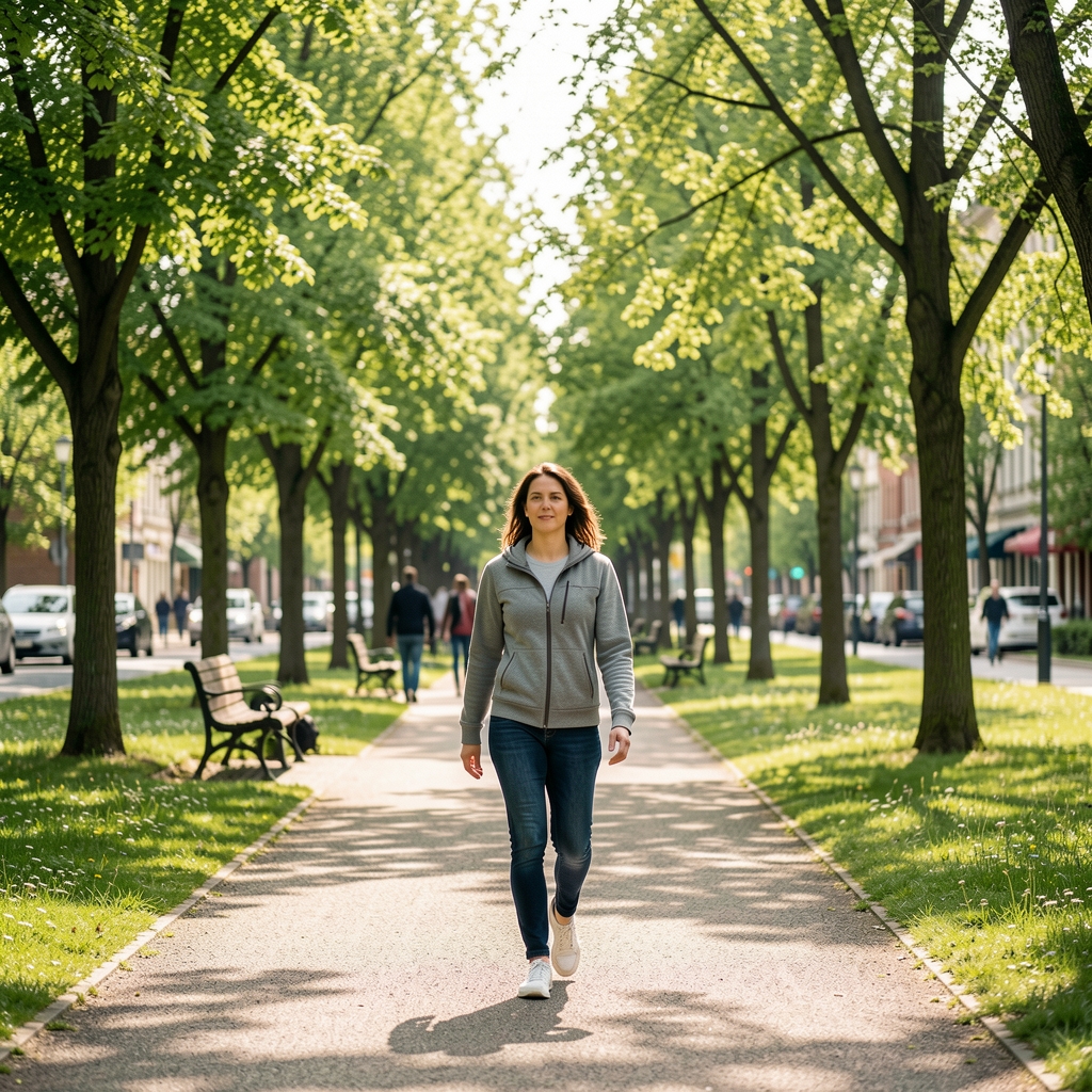 Person beim ruhigen Morgenspaziergang in einem grünen Stadtpark, Frühlingslicht, aktiver Lebensstil