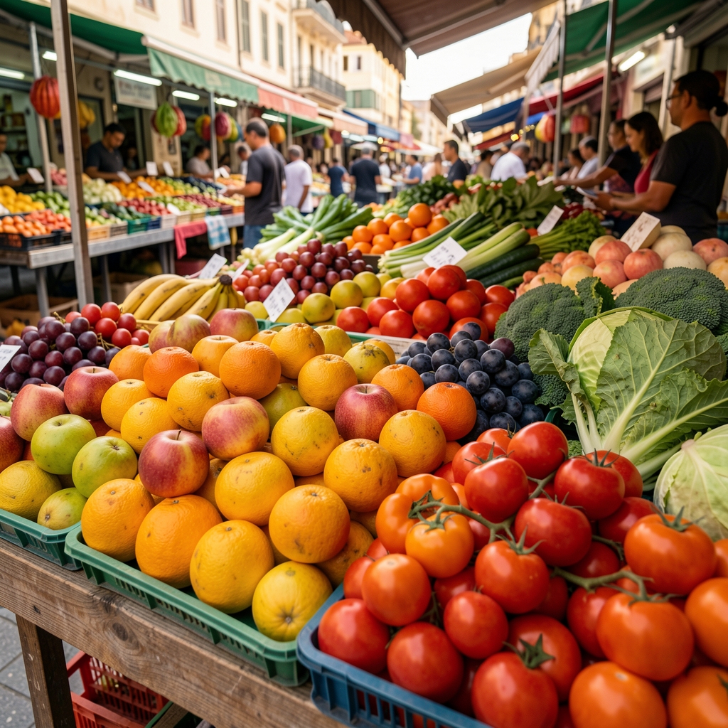 Nahaufnahme von frischem Obst und Gemüse, sorgfältig auf einem Marktstand angeordnet, natürliche Farben, Tageslicht