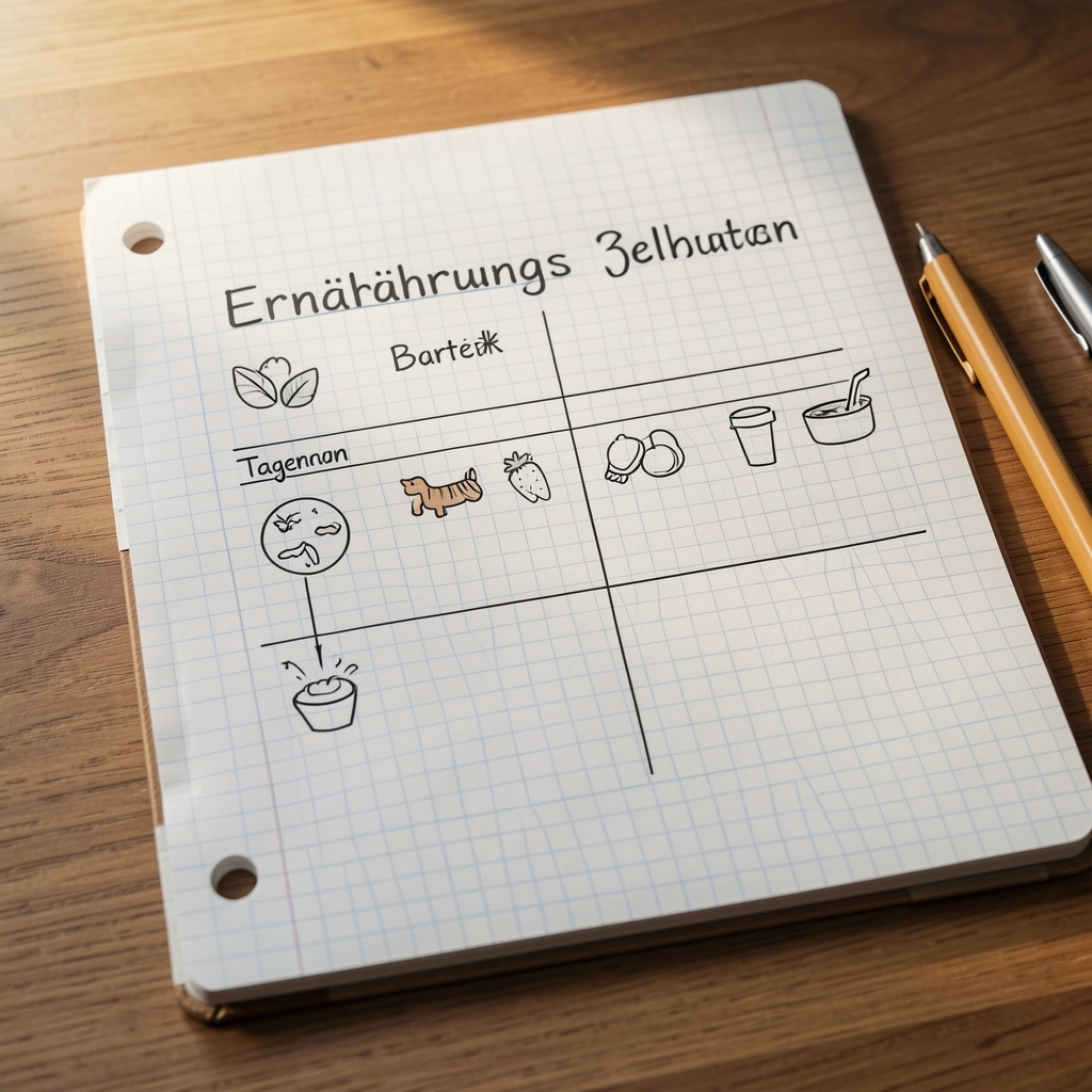 Handgeschriebener Ernährungsplan mit einfachen Symbolen und Tagesstruktur auf kariertem Papier, natürliches Seitenlicht